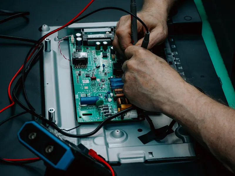 Hands inspecting a circuit board inside an electronic device