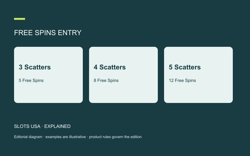 FREE SPINS ENTRY: 3 Scatters; 5 Free Spins; 4 Scatters; 8 Free Spins; 5 Scatters; 12 Free Spins