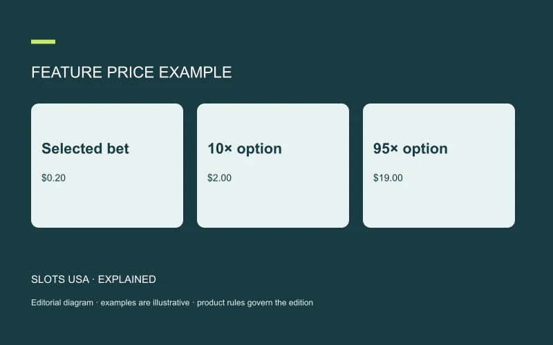FEATURE PRICE EXAMPLE: Selected bet; $0.20; 10× option; $2.00; 95× option; $19.00