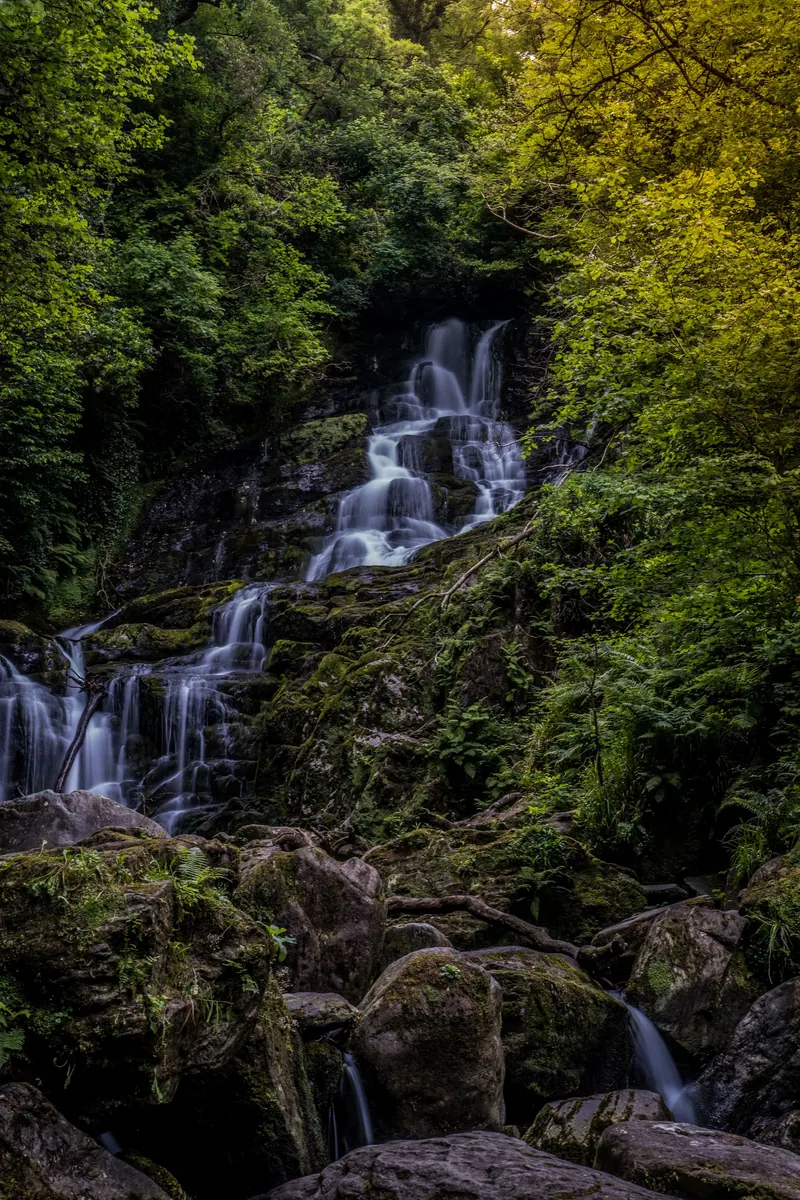 Beautiful waterfall cascading through lush green forest in County Kerry, Ireland