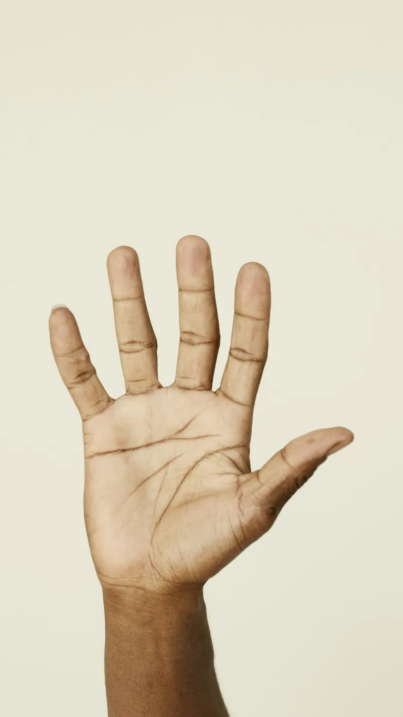 A close-up of an open hand showing five fingers on a neutral backdrop