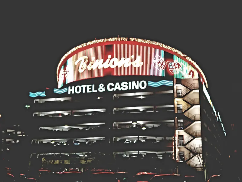 Binion's Hotel and Casino neon signage at night in Las Vegas