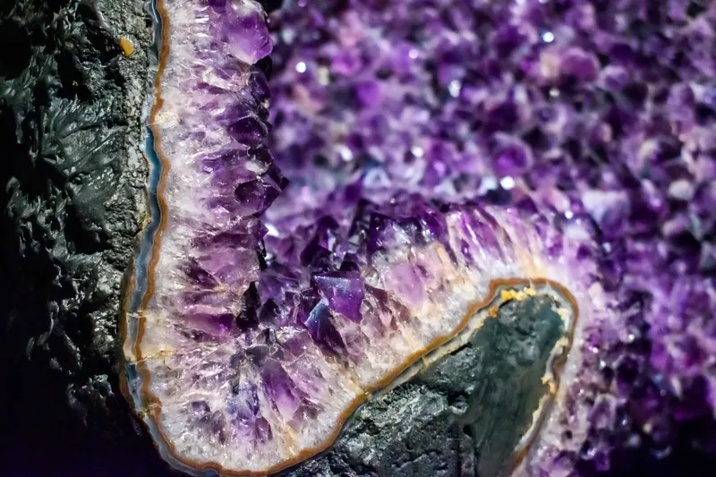 Detailed view of a stunning amethyst geode showcasing vibrant purple hues and intricate crystal formations