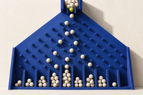 Ivory spheres scattered across a blue pegboard and collected in uneven stacks