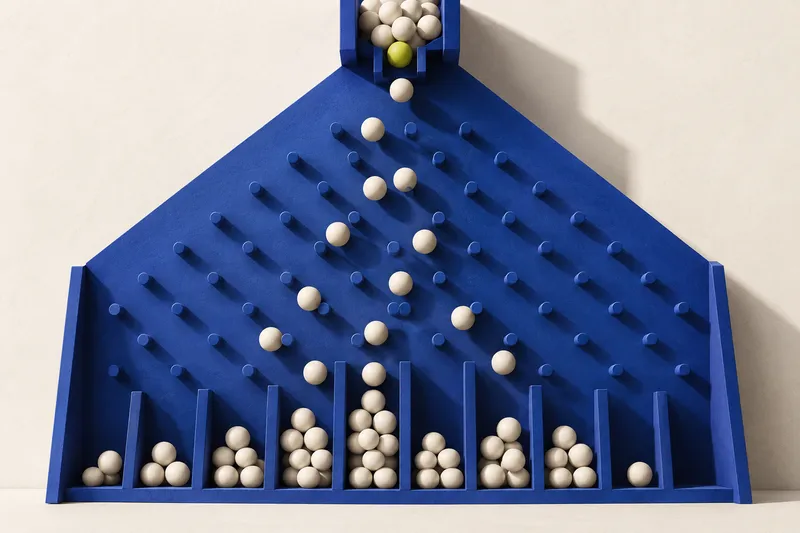 Ivory spheres scattered across a blue pegboard and collected in uneven stacks