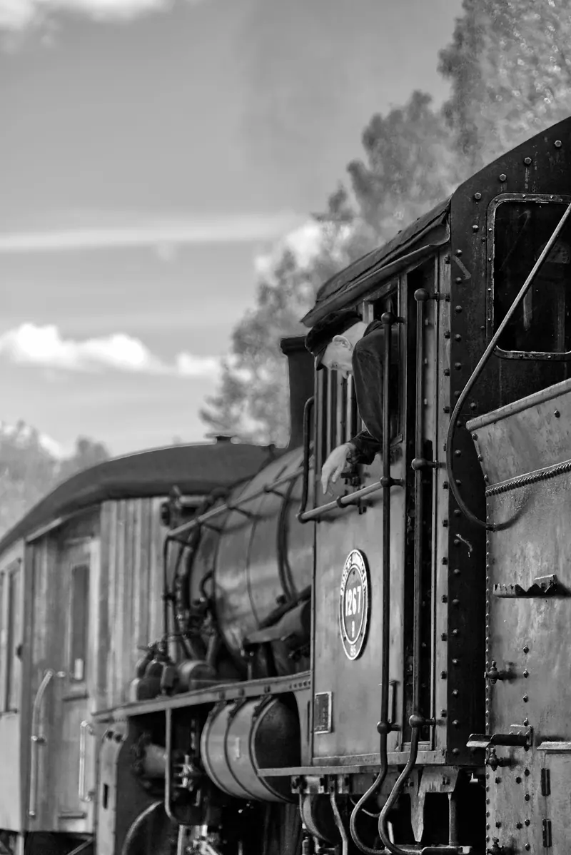 A nostalgic black and white photo of a vintage steam train with smoke billowing in the countryside.